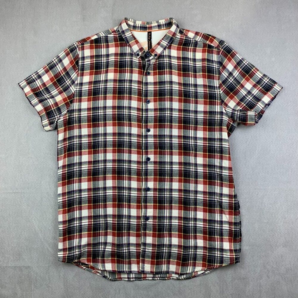 Nudie Mens Shirt Large Red Blue Tartan Plaid Herringbone Button Up Short-Sleeve